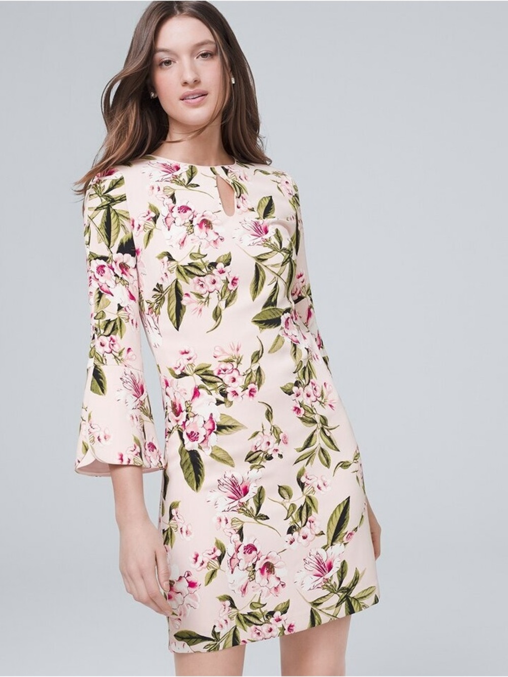 White House Black Market pink floral dress with petal sleeves, size 10